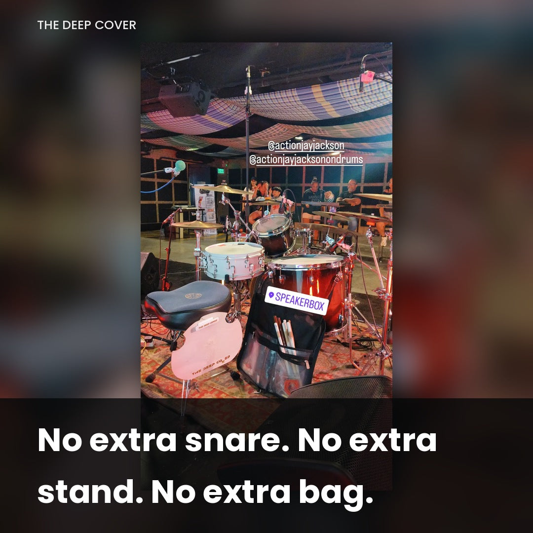 Drummer performing live on stage at night using the Deep Cover snare muffle, no extra snare or stand needed