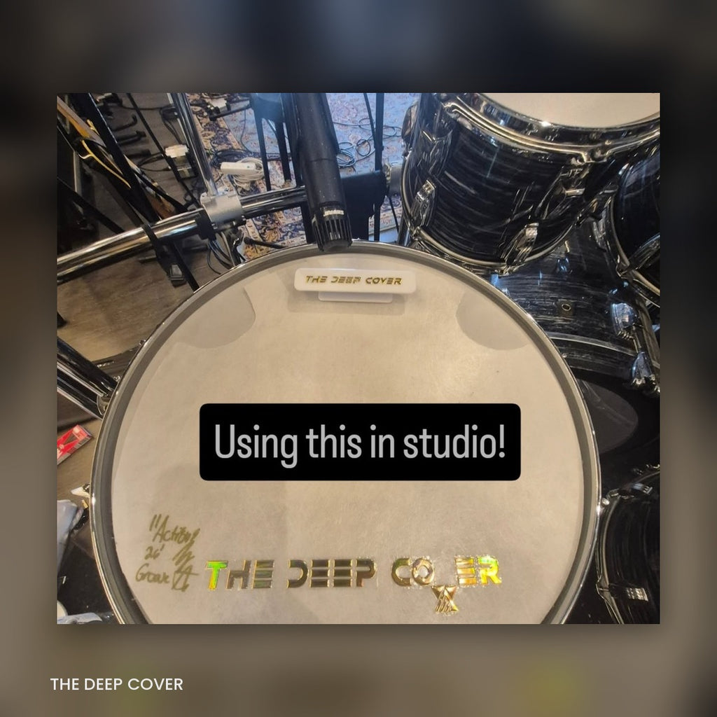 The Deep Cover snare muffle mounted on a floor tom in a recording studio setup